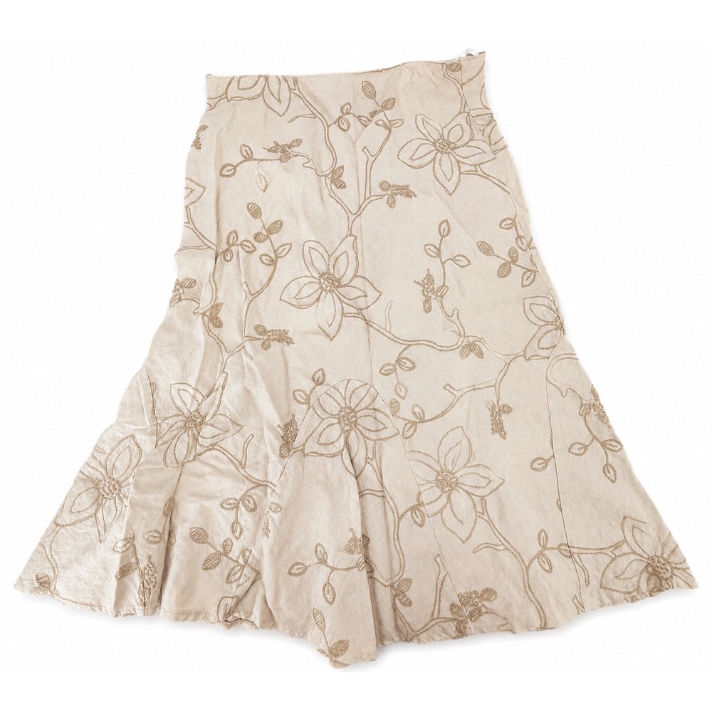 Mia Moda Beige Linen Blend Embroidered Floral A-Line Skirt Size 14 Boho Y2K